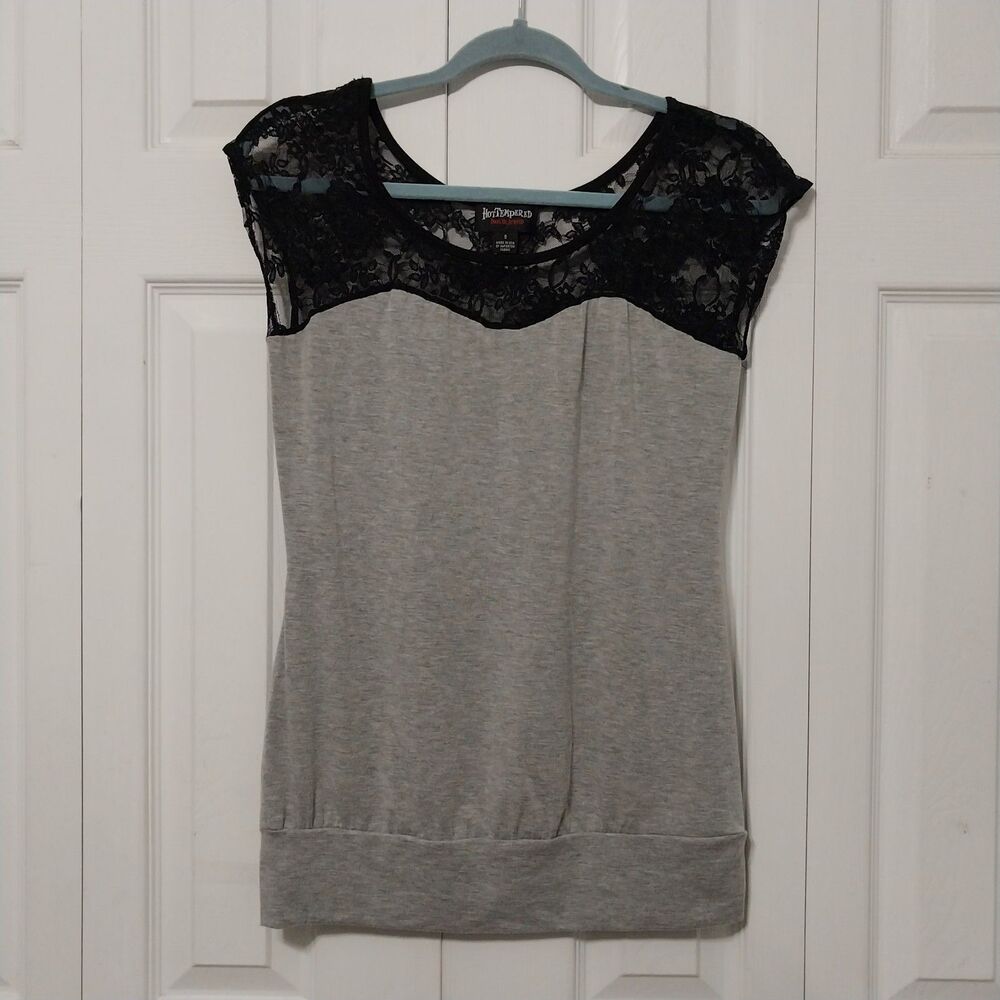Hot Tempered Y2K Lace Top Size Small Gray Black Colorblock Banded Blouson Knit